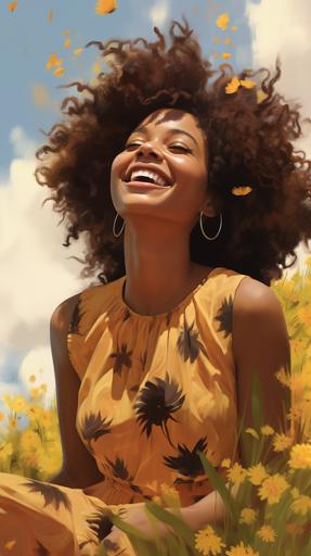 very happy black woman with nature in background --ar 9:16