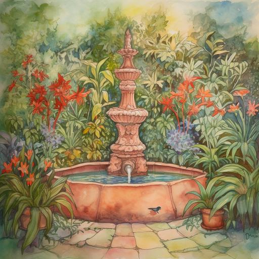 very large red clay amphora fountain , in the middle of a tropcial garden . lush greens , gorgeous vibrant flowers , tile floor , secret garden , watercolor pencil , rackham --v 5