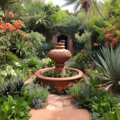 very large red clay amphora fountain , in the middle of a tropcial garden . lush greens , gorgeous vibrant flowers , tile floor , secret garden , rackham --v 5