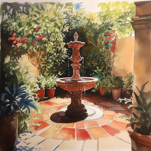 very large red clay amphora fountain , in the middle of a tropcial garden . lush greens , gorgeous vibrant flowers , tile floor , secret garden , sunshine , shadows watercolor pencil , rackham --v 5