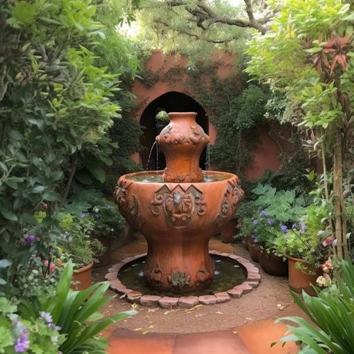 very large red clay amphora fountain , in the middle of a tropcial garden . lush greens , gorgeous vibrant flowers , tile floor , secret garden , rackham --v 5