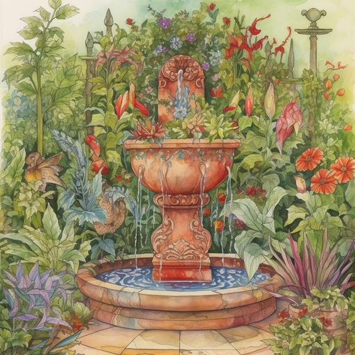very large red clay amphora fountain , in the middle of a tropcial garden . lush greens , gorgeous vibrant flowers , tile floor , secret garden , watercolor pencil , rackham --v 5