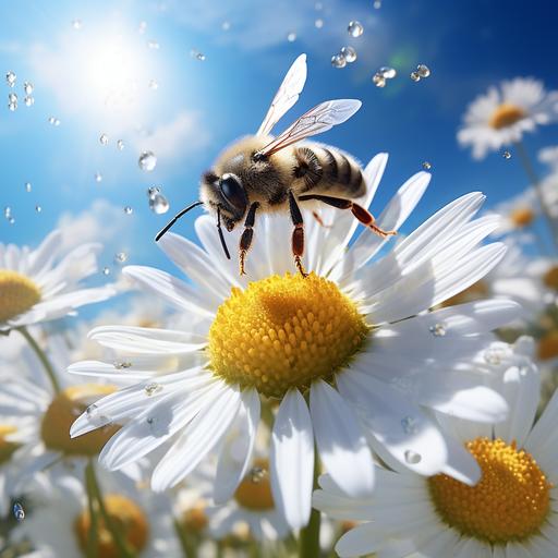 very realistic a bumblebee flying around a funny small daisy white with a mouth and very nice eyes-delicate petals-gliters-behind there is very nice sun