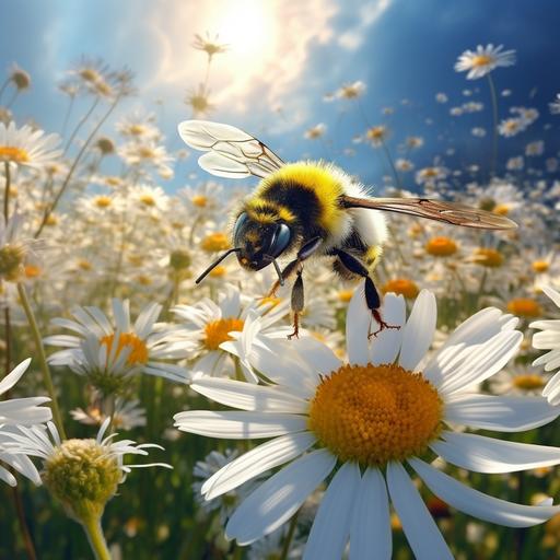 very realistic a bumblebee flying around a funny small daisy white with a mouth and very nice eyes-delicate petals-gliters-behind there is very nice sun