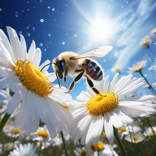 very realistic a bumblebee flying around a funny small daisy white with a mouth and very nice eyes-delicate petals-gliters-behind there is very nice sun