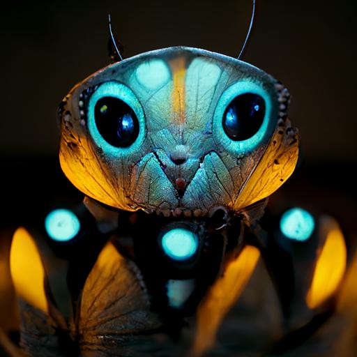 very realistic and futuristic robot glowing in the dark with butterflied coming out of eyes, very realistic