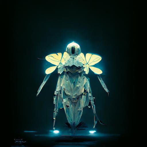 very realistic and futuristic robot glowing in the dark with butterflied coming out of eyes, very realistic