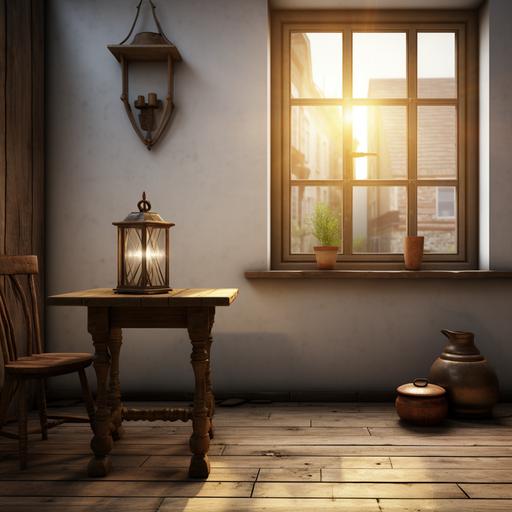 very realistic backdrop with one windows on the right and light coming, old small table situated on the left, not more detailed, high quality, ar 16:9, v5.1, color natural