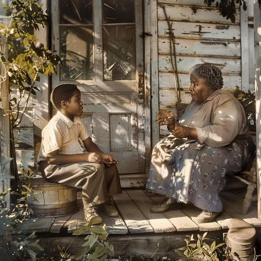 very realistic color photo from 1925 of a poor 8 year old Black boy and his very large, fat grandma, sitting on the porch of a shack in Alabama country with plants and sunlight, she is telling him a story using her hands very expressive and he is listening intently