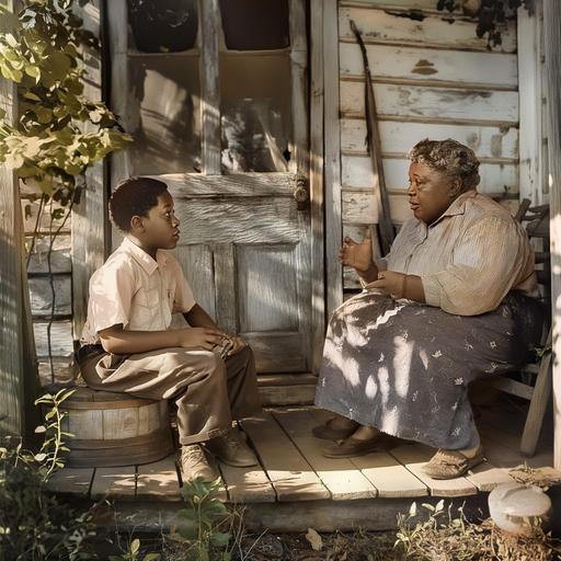 very realistic color photo from 1925 of a poor 8 year old Black boy and his very large, fat grandma, sitting on the porch of a shack in Alabama country with plants and sunlight, she is telling him a story using her hands very expressive and he is listening intently