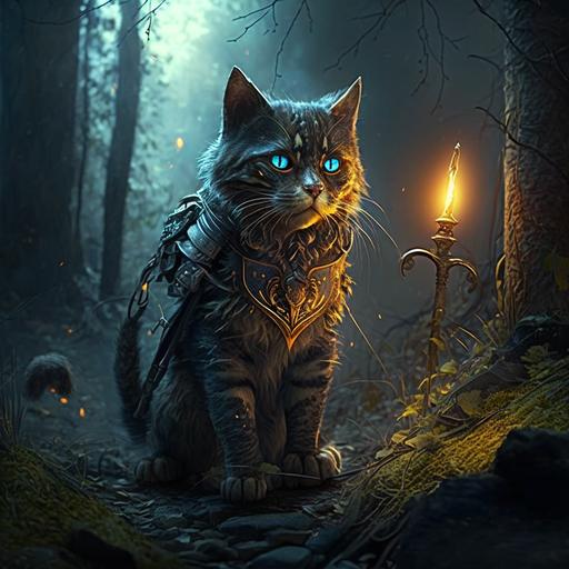 very realistic dark fantasy cat in forest. Cat has a torch. Cat has armour. 4K deep contrast