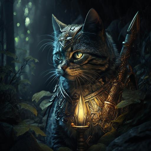 very realistic dark fantasy cat in forest. Cat has a torch. Cat has armour. 4K deep contrast