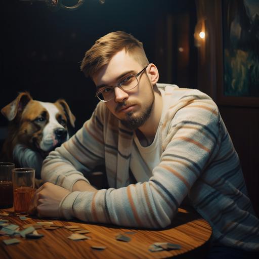 very realistic, high detailed picture of a man is playing poker and loses all his money, sad face, smoking sugar, a dog akita next to him