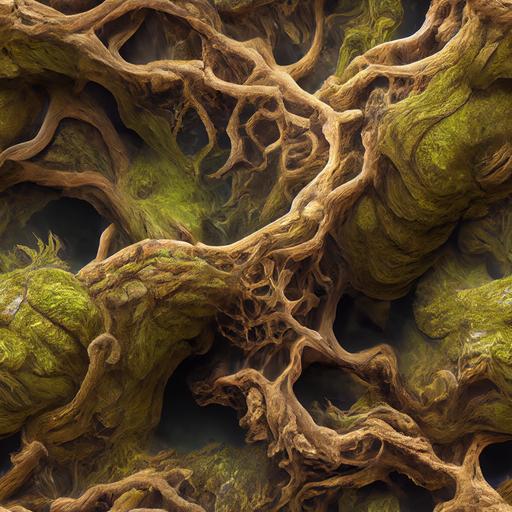 very realistic highly detailed nested slightly mossy tree trunks with knotted fractal shapes, orthogonal view, global lighting, megascan surface texture, very soft shadows --v 3 --tile --q 2 --upbeta