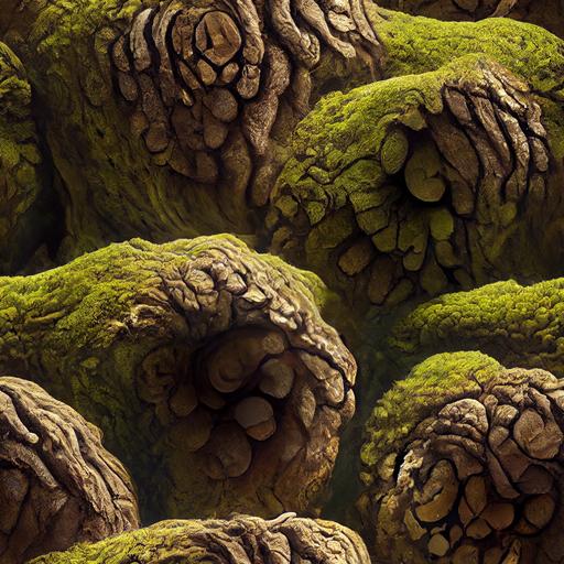 very realistic highly detailed nested slightly mossy tree trunks with knotted fractal shapes, orthogonal view, global lighting, megascan surface texture, very soft shadows --v 3 --tile --q 2 --upbeta