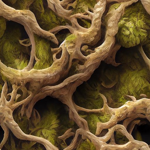 very realistic highly detailed nested slightly mossy tree trunks with knotted fractal shapes, orthogonal view, global lighting, megascan surface texture, very soft shadows --v 3 --tile --q 2 --upbeta