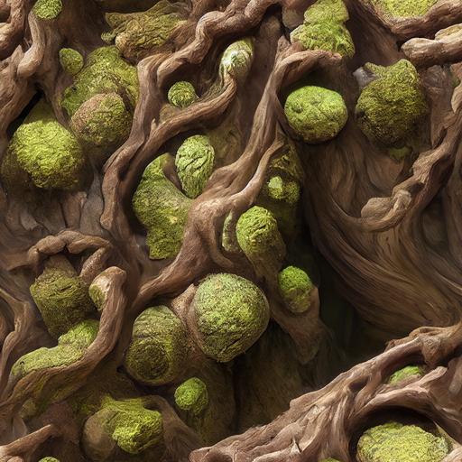 very realistic highly detailed nested slightly mossy tree trunks with knotted fractal shapes, orthogonal view, global lighting, megascan surface texture, very soft shadows --v 3 --tile --q 2 --upbeta