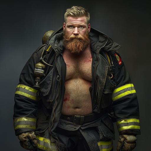very realistic photo shot by Annie Leibovitz of an action pose of a very butch, bulky, masculine and muscled fireman, dressed in black uniform with high viz details. His jacket is open displaying his massive hairy chest. He has a big red greyish beard and a triomphant look --v 6.0