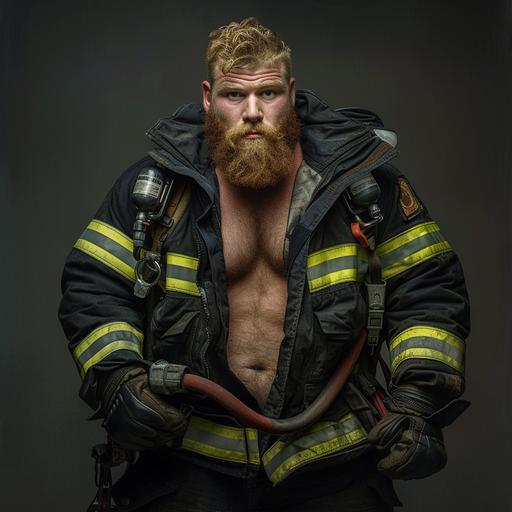 very realistic photo shot by Annie Leibovitz of an action pose of a very butch, bulky, masculine and muscled fireman, dressed in black uniform with high viz details. His jacket is open displaying his massive hairy chest. He has a big red greyish beard and a triomphant look --v 6.0