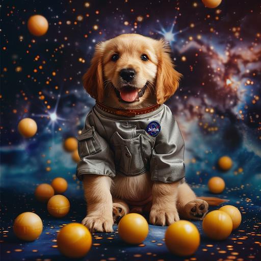 very realistic smiling excited German shepherd puppy, labrador puppy, beagle, golden retriever playing in space with yellow small balls while wearing astronaut suits