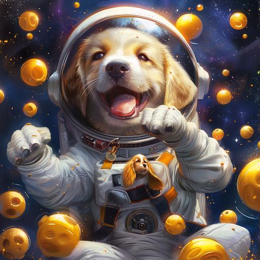 very realistic smiling excited German shepherd puppy, labrador puppy, beagle, golden retriever playing in space with yellow small balls while wearing astronaut suits