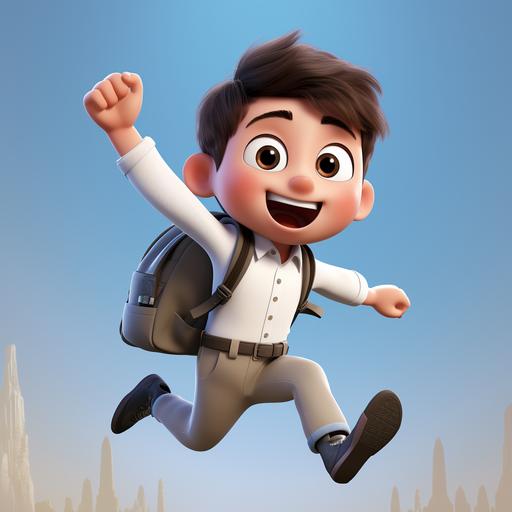 very short cut hair, happy school boy, jumping, long sleeve white shirt, dark long pants, no overalls, holding out backpack, pixar style, tall