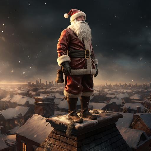 very skinny santa standing on a roof that has chimney, wearing tight clothes, snowy night, realistic