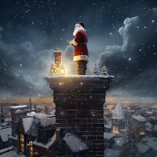 very skinny santa standing on a roof that has chimney, snowy night,realistic