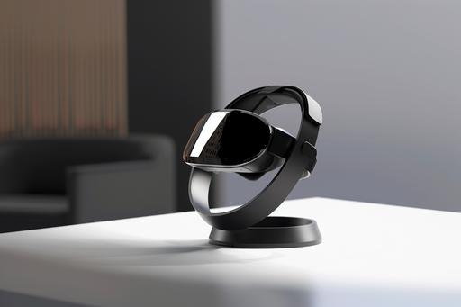 very slim profile vr/ar headset on a stand, base, mount, circular, with a glossy black hud on the visor   --s 50 --ar 3:2 --v 6.0