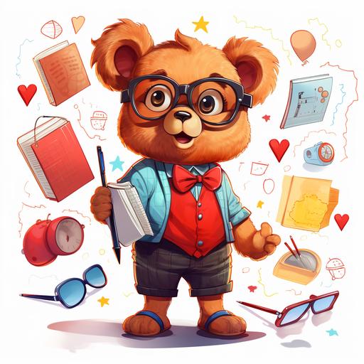 very smart RED teddy bear wearing glasses dressed up like a nerd, cartoon style, bright colorful, charcter spread sheet, different angles