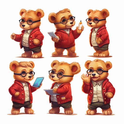 very smart RED teddy bear wearing glasses dressed up like a nerd, cartoon style, bright colorful, charcter spread sheet, different angles