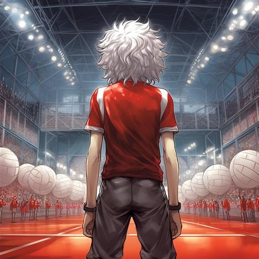 very tall masculine broad-shouldered manga man with white curly hair medium long, wearing volleyball red uniform with number 