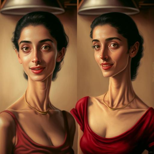 very very Extremely stretched long neck, elongated slim slender neck, round oval face, awfully full lips, 19 years old kurdish female, oval jawline, wearing red strapless dress, washing dishes, smiling