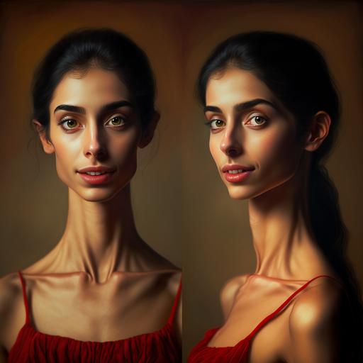 very very Extremely stretched long neck, elongated slim slender neck, round oval face, awfully full lips, 17 years old kurdish female, oval jawline, wearing red strapless dress, smiling