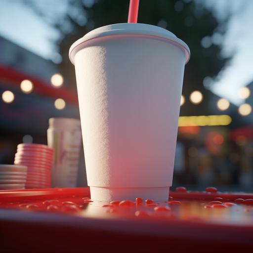 very very large Styrofoam cup soda, styrofoam soda cup is plain white, flat white lid, red straw, with condensation on the outsides of the cup, outside on a summer day on a silver food truck counter top, Cinematic, 35mm lens, f/1.8, accent lighting, global illumination --uplight --v 5