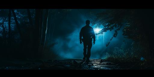 very wide shot of a silhouetted police officer walking into dark woods at night. a light shines in the distance. dark and ominous. cinematic lighting. hyperrealistic. photography. --v 6.0 --ar 18:9