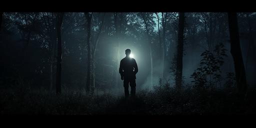 very wide shot of a silhouetted police officer walking into dark woods at night. a light shines in the distance. dark and ominous. cinematic lighting. hyperrealistic. photography. --v 6.0 --ar 18:9