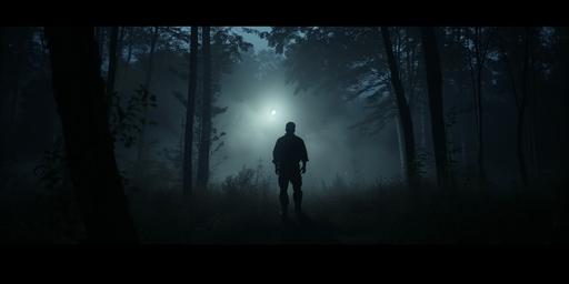 very wide shot of a silhouetted police officer walking into dark woods at night. a light shines in the distance. dark and ominous. cinematic lighting. hyperrealistic. photography. --v 6.0 --ar 18:9