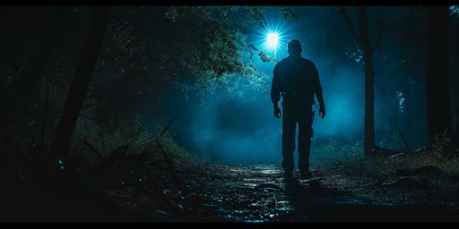 very wide shot of a silhouetted police officer walking into dark woods at night. a light shines in the distance. dark and ominous. cinematic lighting. hyperrealistic. photography. --v 6.0 --ar 18:9