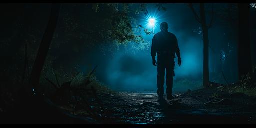 very wide shot of a silhouetted police officer walking into dark woods at night. a light shines in the distance. dark and ominous. cinematic lighting. hyperrealistic. photography. --v 6.0 --ar 18:9