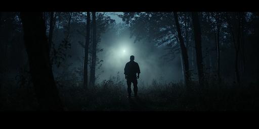 very wide shot of a silhouetted police officer walking into dark woods at night. a light shines in the distance. dark and ominous. cinematic lighting. hyperrealistic. photography. --v 6.0 --ar 18:9