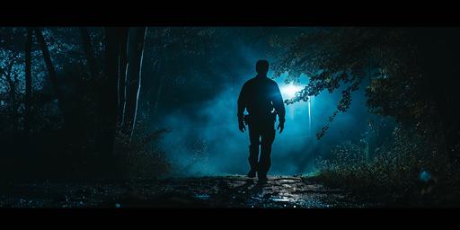 very wide shot of a silhouetted police officer walking into dark woods at night. a light shines in the distance. dark and ominous. cinematic lighting. hyperrealistic. photography. --v 6.0 --ar 18:9