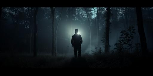 very wide shot of a silhouetted police officer walking into dark woods at night. a light shines in the distance. dark and ominous. cinematic lighting. hyperrealistic. photography. --v 6.0 --ar 18:9