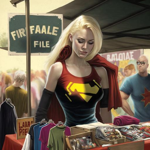 female superhero at flea market selling. tee shirts folded on table. blonde hair