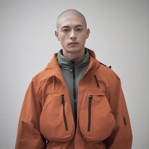 similar image 8k hyper realistic white background asian man shaved hair 28 years light grey jacket