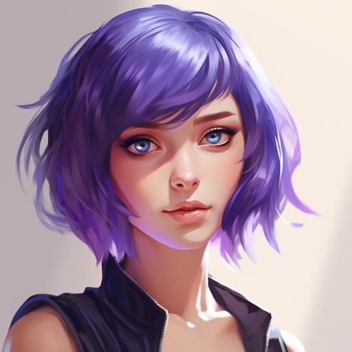 anime woman with purple bob haircut and big blue eyes, furrowed eyebrows with a lopsided grin