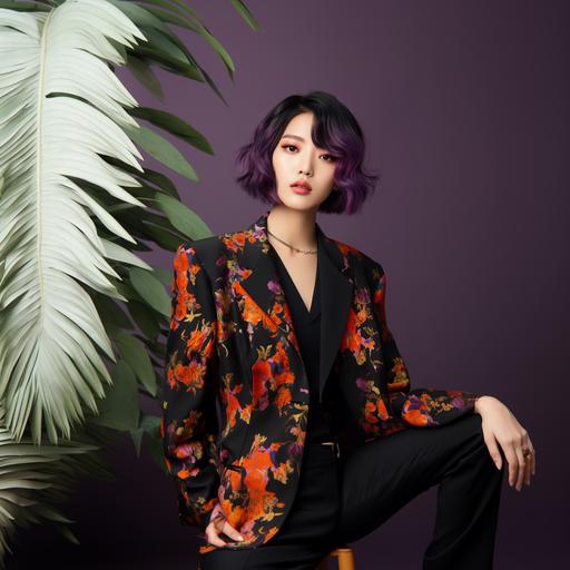 woman Korean model with a purple bob haircut in a black suit with pink and orange floral print