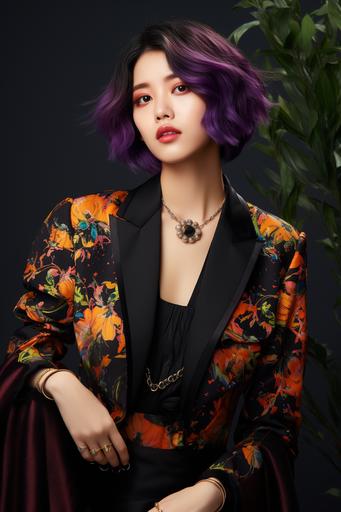woman Korean model with a purple bob haircut in a black suit with pink and orange floral print
