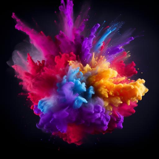 vibrant color powder splash, dark background, powder colors include lavender, dark amethyst, yellow, lime green, royal blue, hot pink, red and light peach, powders splash up slowly and fall down slowly, ar 2:1. --video