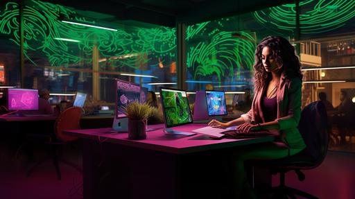 vibrant, modern office setting, moody fuchsia lighting coming from ornate Indian light fixtures hanging from ceiling, emerald green color scheme, graffiti art of biracial female holding paintbrush, painted in psychedelic surrealism, gold office chairs, with lime green Mac g3 style computers --ar 16:9